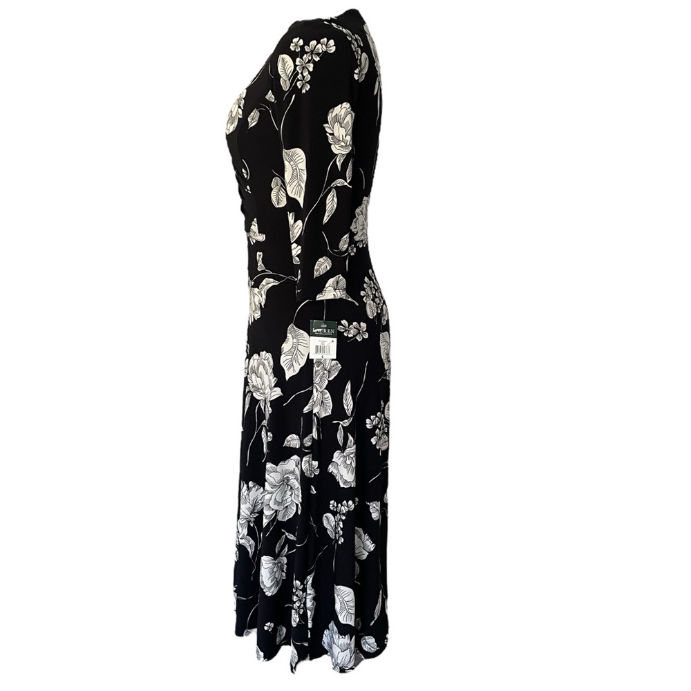 Lauren Ralph Lauren Floral-Print Midi Surplice Dress Black and White Sz: 4 NWT - Picture 4 of 15